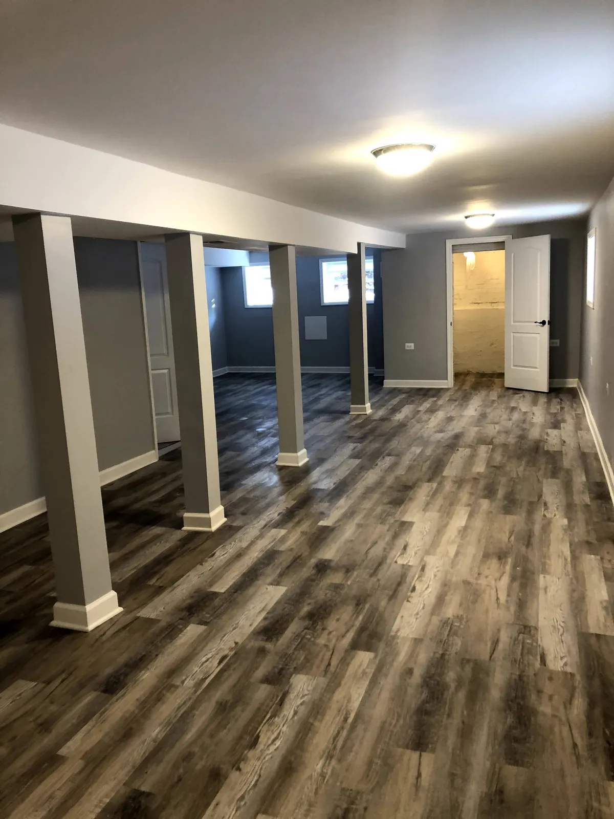 Finished lower level with luxury vinyl plank flooring, painted walls, and new doors